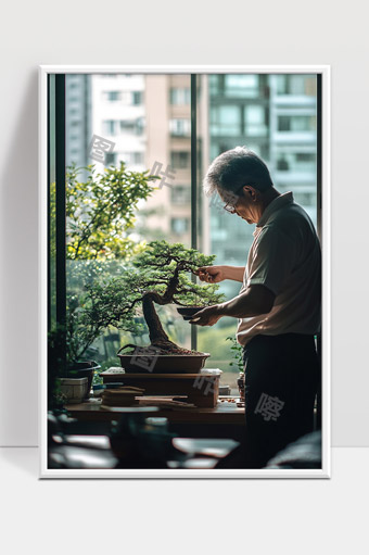 庭院阳光下老人精心修剪盆栽盆景艺术