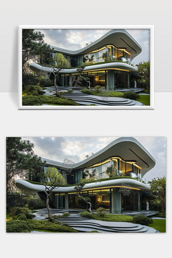 现代曲线造型别墅自然景观设计建筑效果图