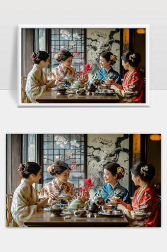 穿着和服的女人们围坐品茶欢乐时光