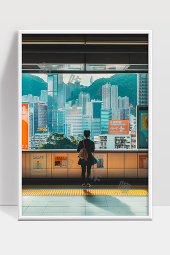 城市高楼间地铁站内静待列车的行人背影