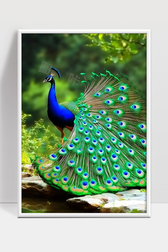 森林中雄孔雀开屏展示五彩斑斓羽毛之美