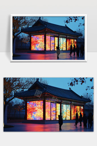 夜晚灯光映衬下的传统古建筑艺术展览