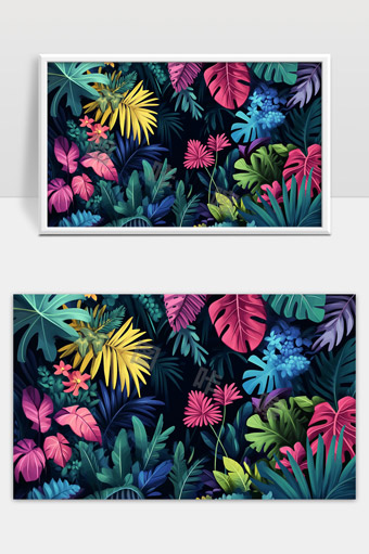 热带雨林风格多彩植物叶子装饰背景图案设计