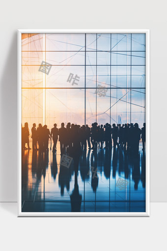 现代商务办公大楼内人群通勤场景晚霞映照