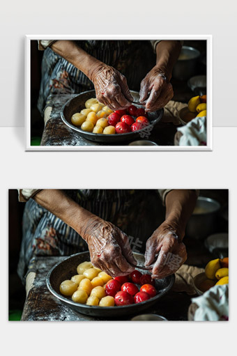 农村老人手工制作传统特色美食红白糯米丸子