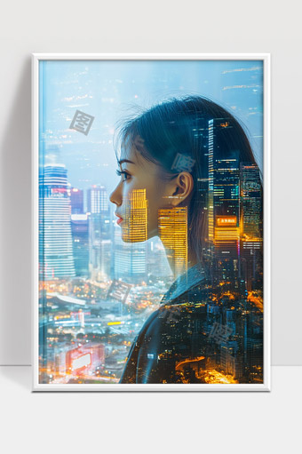 都市夜景中女性侧颜与城市灯光交融的梦幻画面