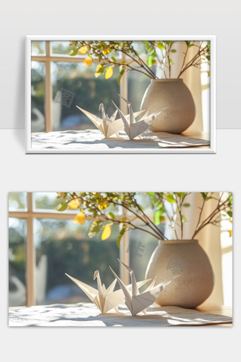 阳光洒进室内折纸鹤与花瓶的温馨静谧时光