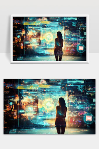 未来科技感数字界面背后女性探索虚拟世界场景