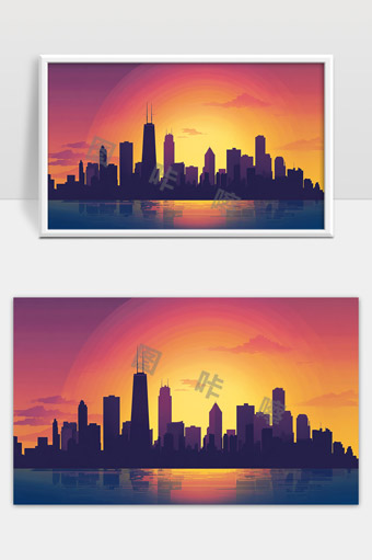 夕阳映衬下的现代都市天际线剪影景象