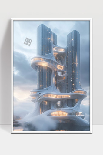 未来主义风格高楼建筑融合自然曲线设计夜景照明