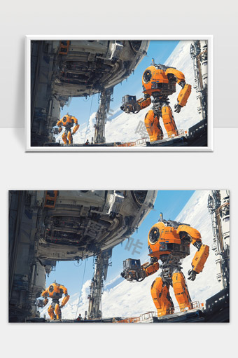 未来太空基地中的大型智能机械机器人作业场景