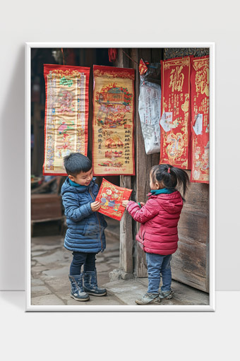 儿童街头挑选春节对联迎新春传统文化氛围浓厚