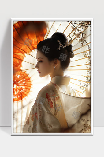 古风女子身着绣花和服婉约优雅持油纸伞侧影