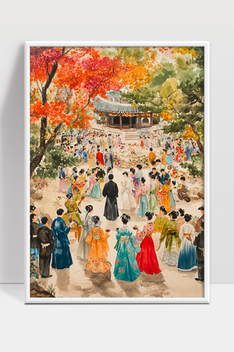 古代庭院赏花盛会绚丽多彩人们聚集观赏