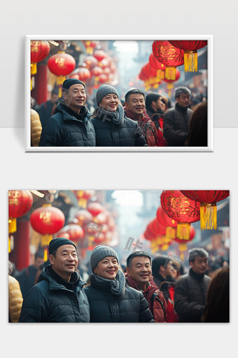 春节节日街头红灯笼挂满街道人们欢聚喜庆气氛浓烈