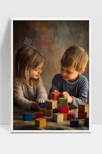 两个小孩玩积木专注快乐童年时光温馨画面