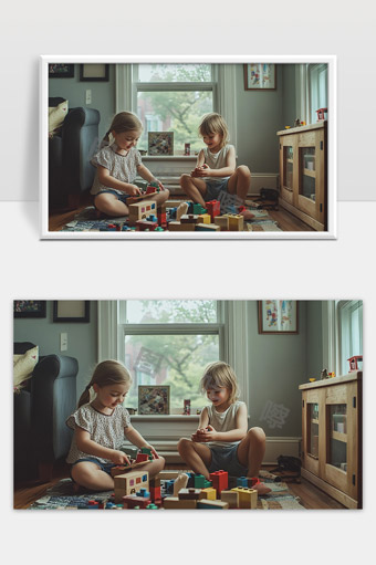 两个小朋友室内玩积木快乐嬉戏时光