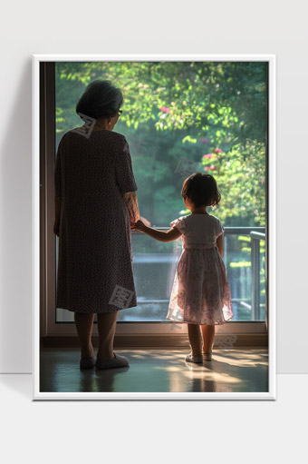祖孙两代手牵手温馨相伴窗边望外