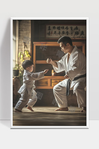 父子共同练习武术传承中华传统文化精神