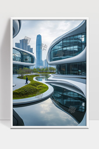 现代城市未来感建筑水系景观绿色空间融合设计