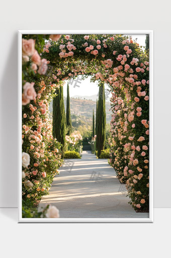浪漫粉色玫瑰花拱门美丽花园小径风景