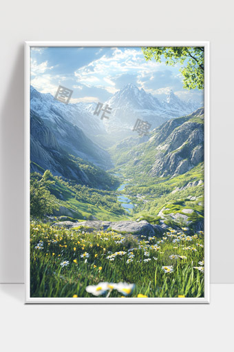 宁静山谷春日花海雪山映衬自然美景
