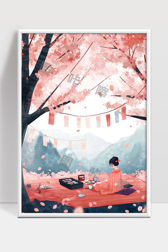 樱花树下的古风女子静坐品茶赏景图