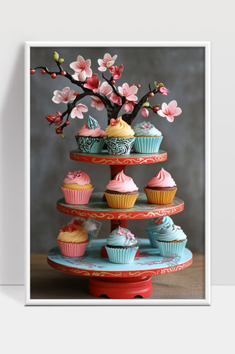 精致多层糕点架上樱花装饰杯子蛋糕展示