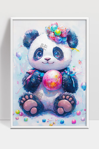 可爱手绘卡通熊猫抱彩球梦幻童话画