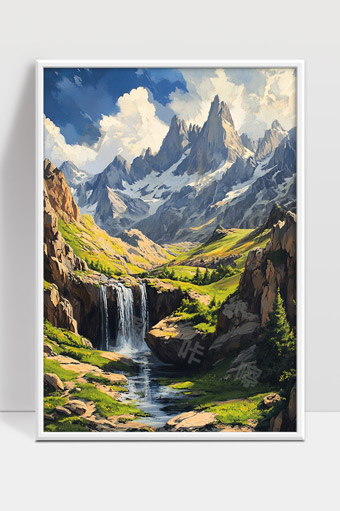 巍峨雪山下的翠绿山谷与飞瀑景色