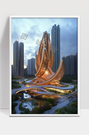 现代城市中独特未来感建筑夜景全貌