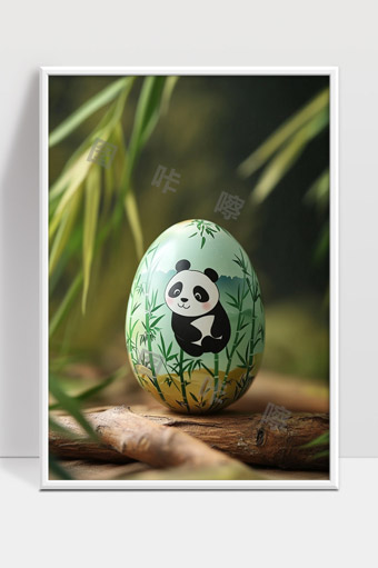 可爱卡通熊猫彩绘装饰蛋森林竹子背景创意摆件