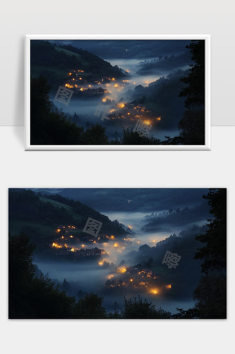 夜幕下山谷中雾气弥漫的小村庄灯火璀璨