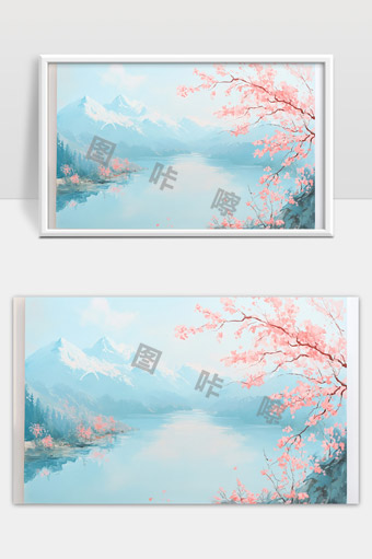 雪山湖畔粉色樱花盛开唯美自然风光画