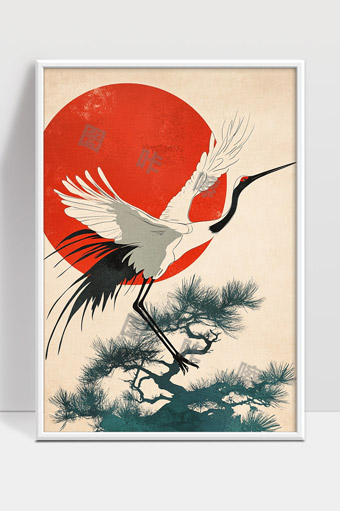 红日映翔鹤松枝上迎风展翅东方意境画