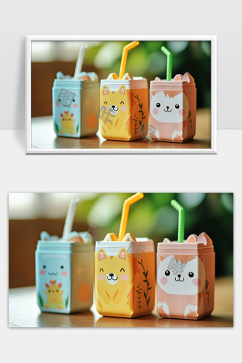 可爱动物图案饮料盒卡通吸管杯组合