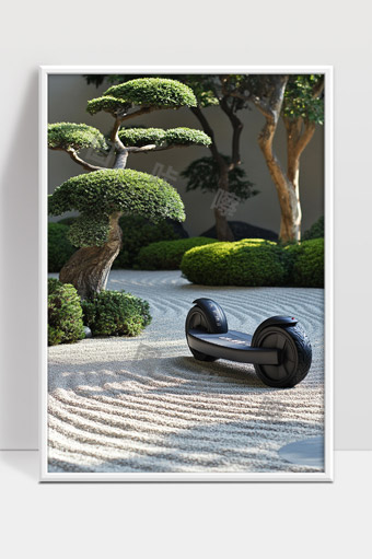 现代智能代步车与日式禅意庭院景观融合