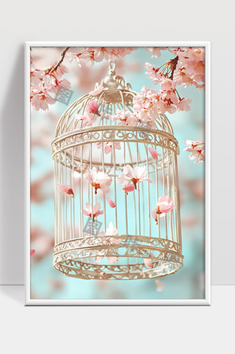 春日樱花飘舞中的浪漫鸟笼唯美意境画面