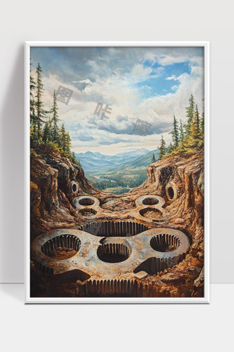 远山松林中神秘齿轮洞穴奇异机械遗迹