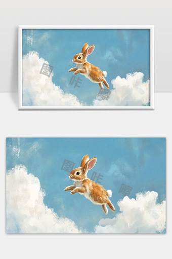 蓝天白云中自由跳跃的小兔子唯美插画