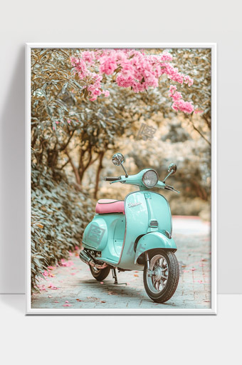 春日复古蓝色摩托车置身花海唯美元素