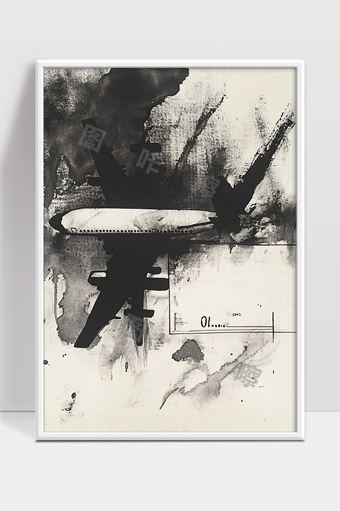 黑白水墨风格的飞机飞行抽象画作