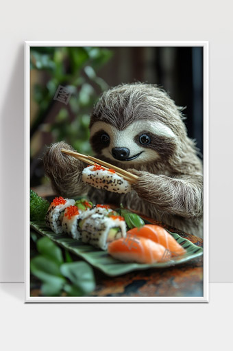 可爱树懒用筷子享用美味寿司场景