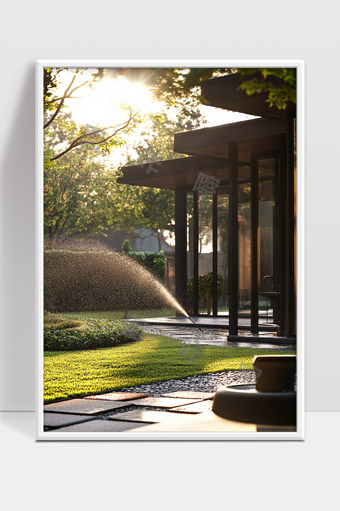 晨光下现代庭院自动喷灌系统园林景观