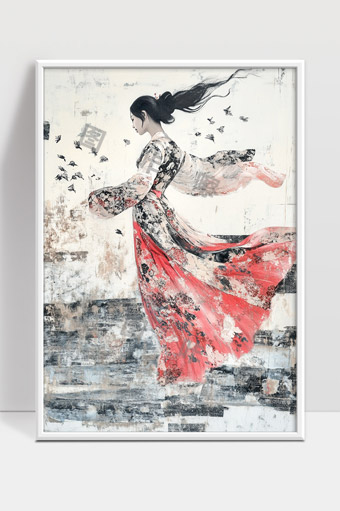 飘逸长裙女子与飞鸟意境艺术画