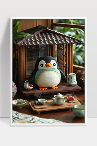 可爱小企鹅茶宠躺在中式木制茶台上享受宁静时光