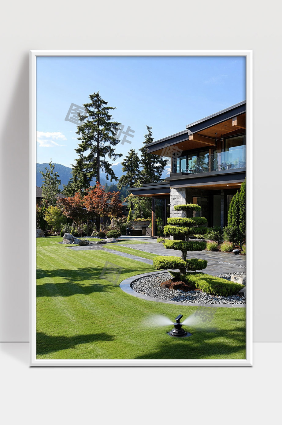 现代别墅花园景观设计绿色草坪与修剪树木