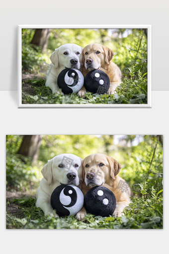 森林中两只拉布拉多犬抱着太极球静谧温馨场景