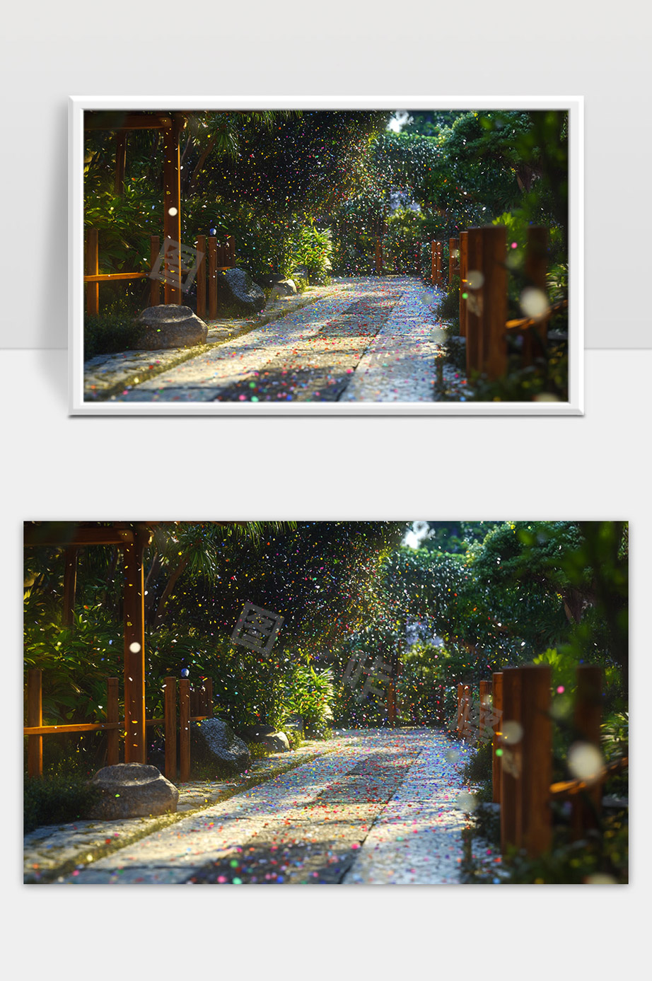 阳光洒落花园小径五彩斑斓梦幻场景