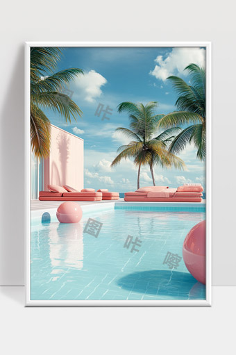 热带海边别墅泳池休闲椅椰树宁静度假场景